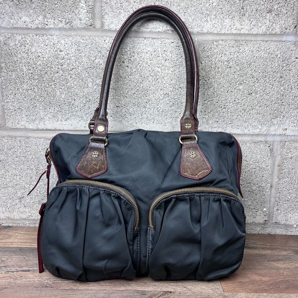 MZ WALLACE Shoulder Bag Jane Top Double Zip Closure Dark Gray Brown Red Nylon